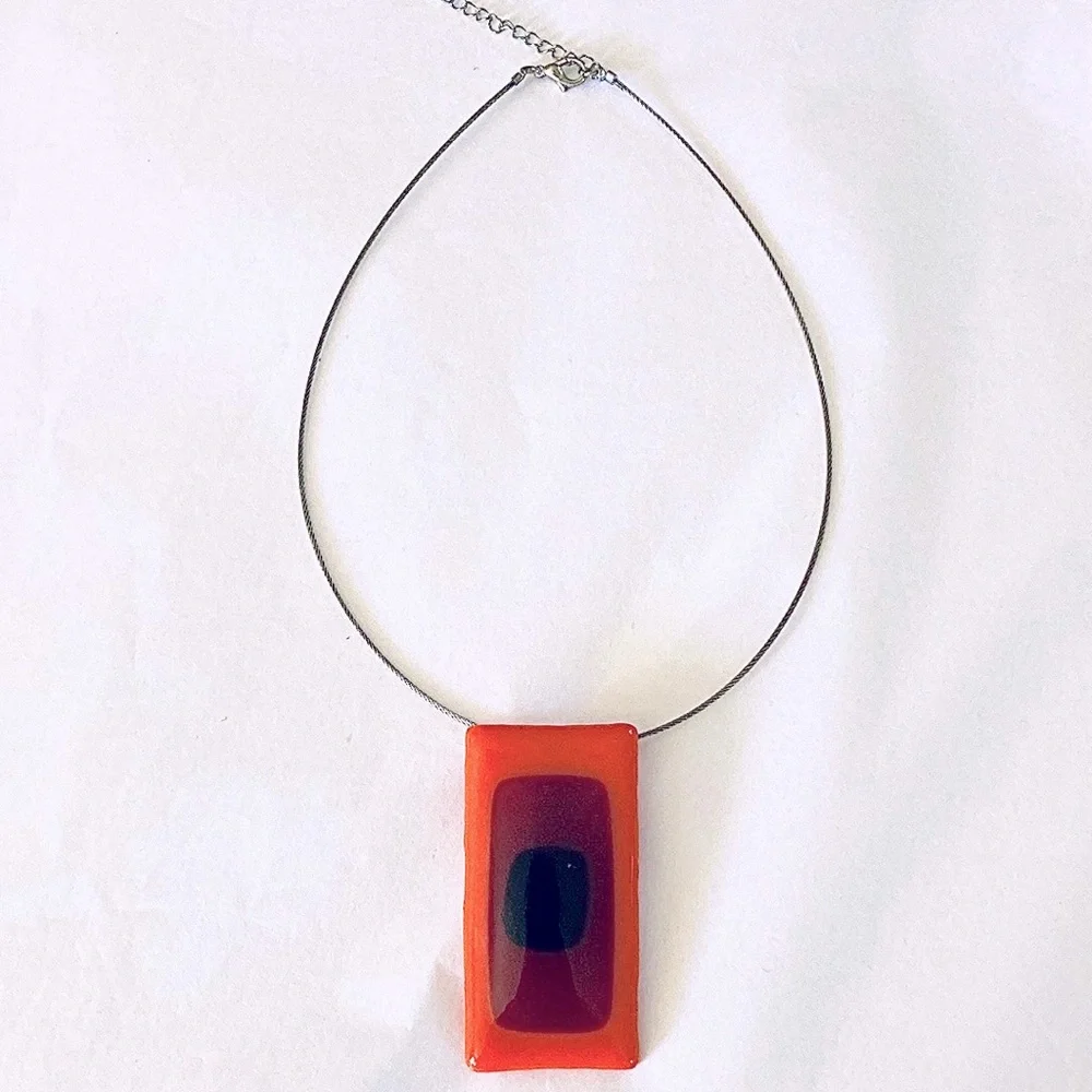 Retro glass tile pendant necklace Orange Burgundy Maroon Choker wire band 70’s - Picture 1 of 6